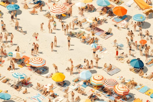 seamless background of aerial view on crowded sand beach, anime style. Neural network generated in may 2023. Not based on any actual person, scene or pattern.