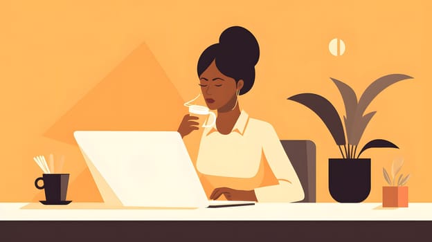 Flat 2d style illustration of successful businesswoman working at table and drinking from a cup. Neural network generated in May 2023. Not based on any actual person, scene or pattern.