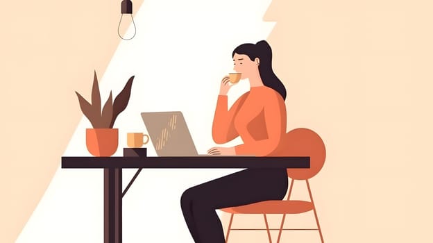 Flat 2d style illustration of successful businesswoman working at table and drinking from a cup. Neural network generated in May 2023. Not based on any actual person, scene or pattern.