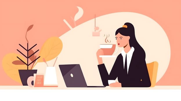 Flat 2d style illustration of successful businesswoman working at table and drinking from a cup. Neural network generated in May 2023. Not based on any actual person, scene or pattern.