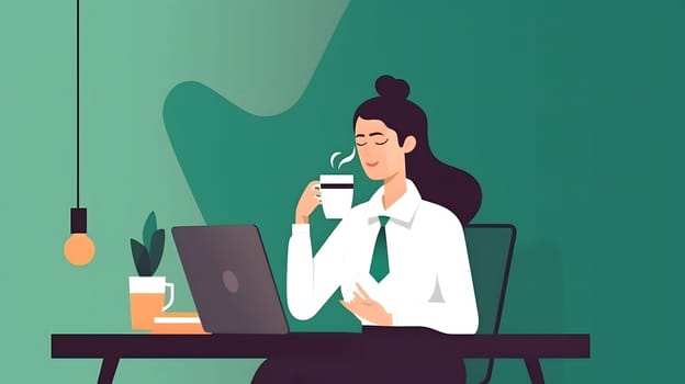 Flat 2d style illustration of successful businesswoman working at table and drinking hot beverage from a cup. Neural network generated in May 2023. Not based on any actual person, scene or pattern.