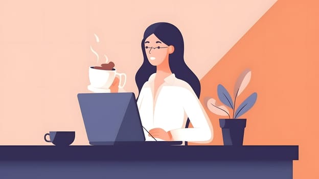 Flat 2d style illustration of successful businesswoman working at table and drinking from a cup. Neural network generated in May 2023. Not based on any actual person, scene or pattern.