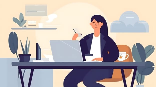 Flat 2d style illustration of successful businesswoman working at table. Neural network generated in May 2023. Not based on any actual person, scene or pattern.