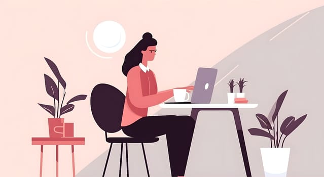 Flat 2d style illustration of successful businesswoman working at table. Neural network generated in May 2023. Not based on any actual person, scene or pattern.