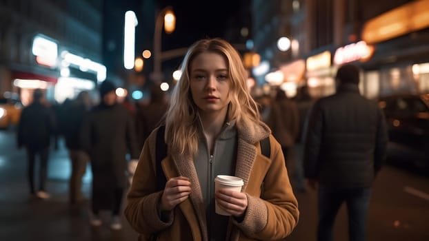 young beautiful blonde femine woman at night city street holding cardboard cup of coffee. Neural network generated in May 2023. Not based on any actual person, scene or pattern.