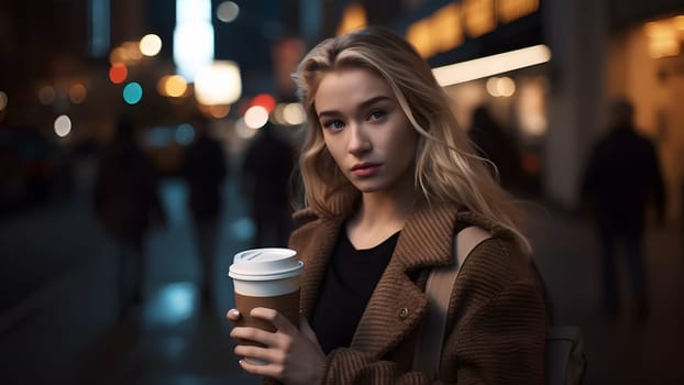 young beautiful blonde femine woman at night city street holding cardboard cup of coffee. Neural network generated in May 2023. Not based on any actual person, scene or pattern.