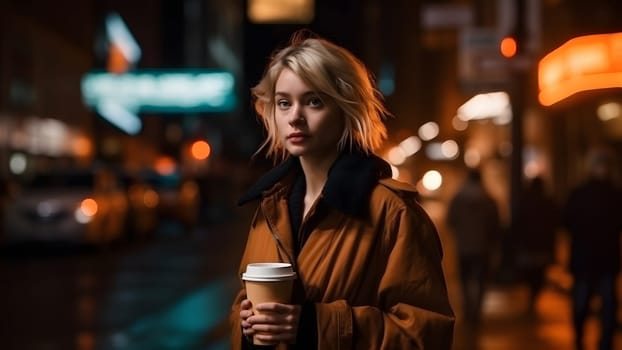 young beautiful blonde femine woman at night city street holding cardboard cup of coffee. Neural network generated in May 2023. Not based on any actual person, scene or pattern.