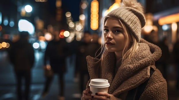 young beautiful blonde femine woman at night city street holding cardboard cup of coffee. Neural network generated in May 2023. Not based on any actual person, scene or pattern.