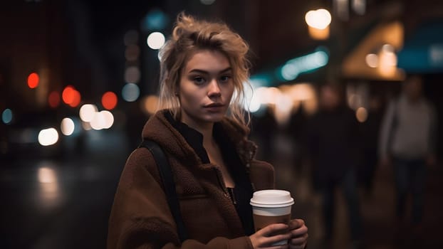 young beautiful blonde femine woman at night city street holding cardboard cup of coffee. Neural network generated in May 2023. Not based on any actual person, scene or pattern.