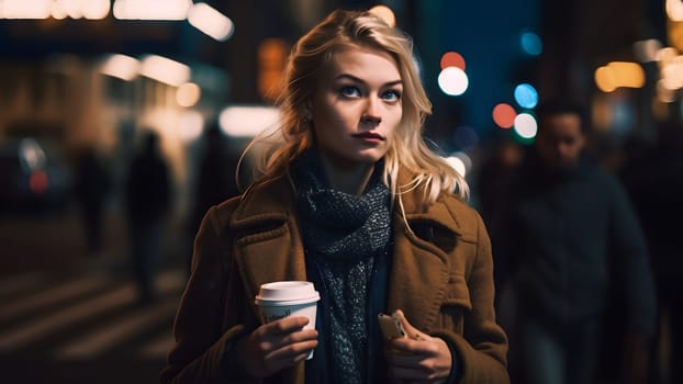 young beautiful blonde femine woman at night city street holding cardboard cup of coffee. Neural network generated in May 2023. Not based on any actual person, scene or pattern.