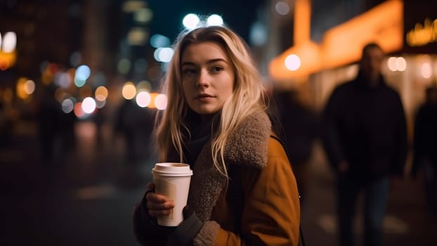 young beautiful blonde femine woman at night city street holding cardboard cup of coffee. Neural network generated in May 2023. Not based on any actual person, scene or pattern.