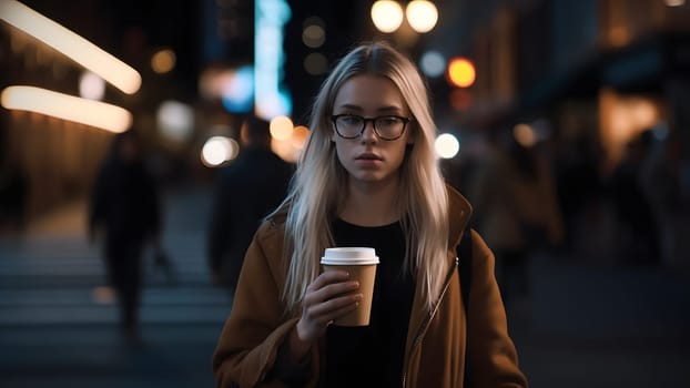 young beautiful blonde femine woman at night city street holding cardboard cup of coffee. Neural network generated in May 2023. Not based on any actual person, scene or pattern.
