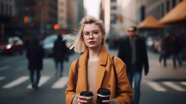 young beautiful blonde femine woman at daytime city street holding two cardboard cups of coffee. Neural network generated in May 2023. Not based on any actual person, scene or pattern.