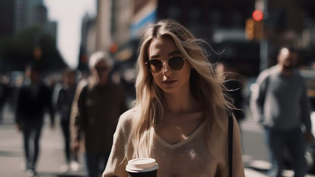 young beautiful blonde femine woman wearing sunglasses at daytime city street holding cardboard cup of coffee. Neural network generated in May 2023. Not based on any actual person, scene or pattern.