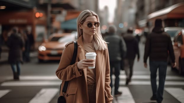 young beautiful blonde femine woman wearing sunglasses at daytime city street holding cardboard cup of coffee. Neural network generated in May 2023. Not based on any actual person, scene or pattern.