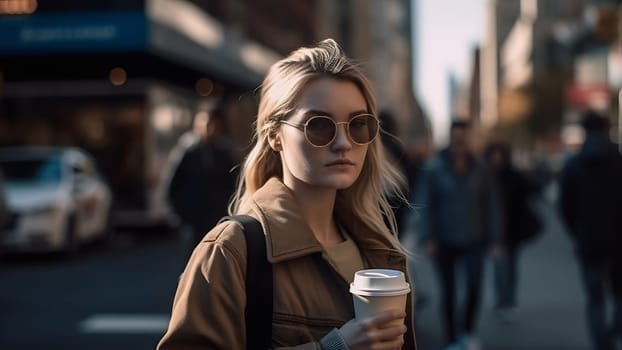 young beautiful blonde femine woman wearing sunglasses at daytime city street holding cardboard cup of coffee. Neural network generated in May 2023. Not based on any actual person, scene or pattern.