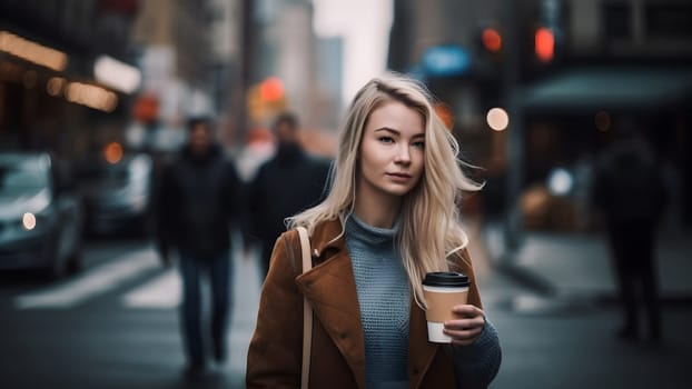 young beautiful blonde femine woman at daytime city street holding cardboard cup of coffee. Neural network generated in May 2023. Not based on any actual person, scene or pattern.