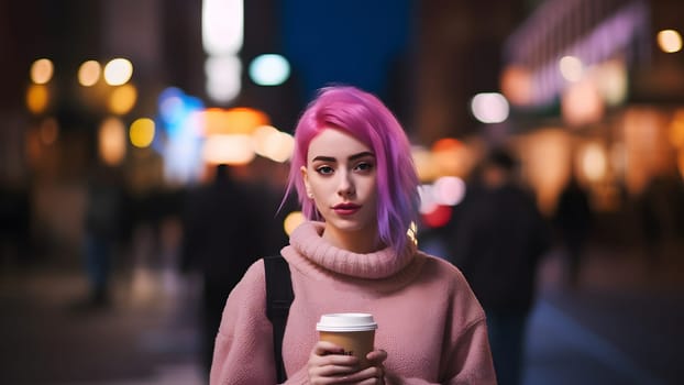young beautiful pink-haired femine woman at night city street holding cardboard cup of coffee. Neural network generated in May 2023. Not based on any actual person, or scene.