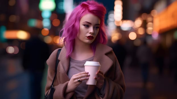 young beautiful pink-haired femine woman at night city street holding cardboard cup of coffee. Neural network generated in May 2023. Not based on any actual person, or scene.