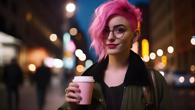 young beautiful pink-haired femine woman at night city street holding cardboard cup of coffee. Neural network generated in May 2023. Not based on any actual person, or scene.