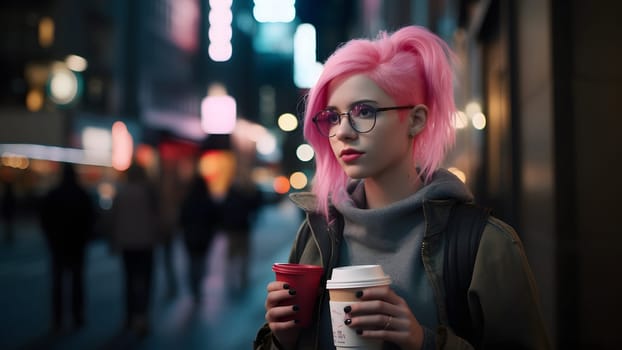 young beautiful pink-haired femine woman at night city street holding two cardboard cups of coffee. Neural network generated in May 2023. Not based on any actual person, or scene.