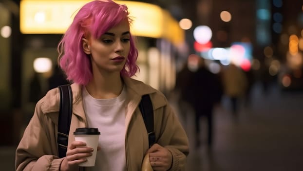young beautiful pink-haired femine woman at night city street holding cardboard cup of coffee. Neural network generated in May 2023. Not based on any actual person, or scene.