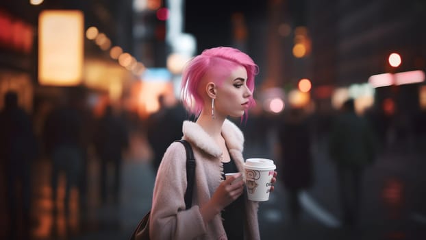 young beautiful pink-haired femine woman at night city street holding two cardboard cups of hot beverage to go. Neural network generated in May 2023. Not based on any actual person, or scene.