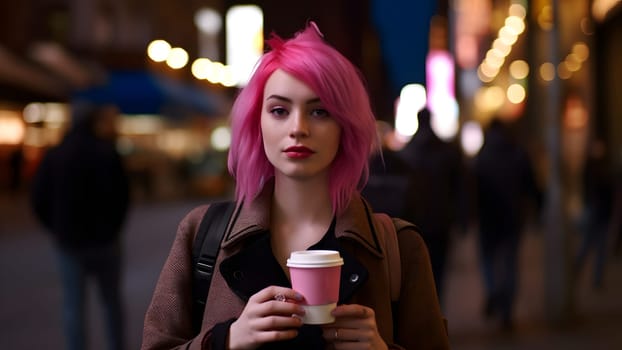 young beautiful pink-haired femine woman at night city street holding cardboard cup of beverage to go. Neural network generated in May 2023. Not based on any actual person, or scene.