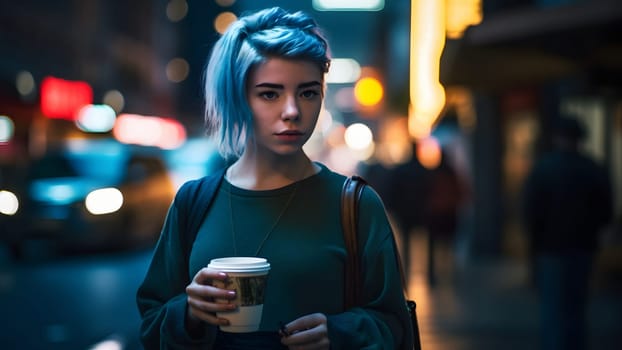 young beautiful blue haired femine woman at night city street holding cardboard cup of coffee. Neural network generated in May 2023. Not based on any actual person, scene or pattern.