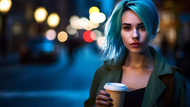 young beautiful blue haired femine woman at night city street holding cardboard cup of coffee. Neural network generated in May 2023. Not based on any actual person, scene or pattern.