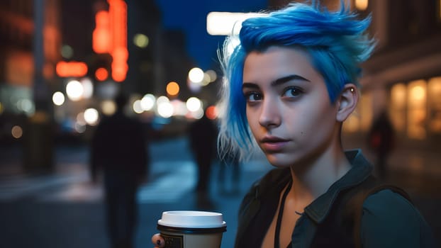 young beautiful blue haired femine woman at night city street holding cardboard cup of coffee. Neural network generated in May 2023. Not based on any actual person, scene or pattern.