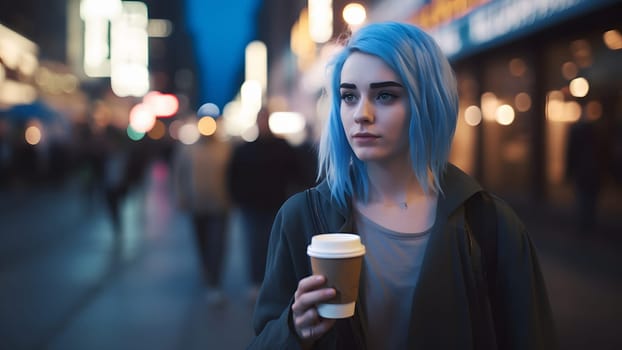 young beautiful blue haired femine woman at night city street holding cardboard cup of coffee. Neural network generated in May 2023. Not based on any actual person, scene or pattern.