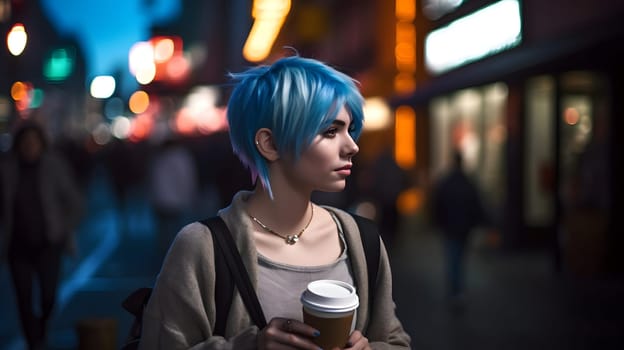 young beautiful blue haired femine woman at night city street holding cardboard cup of coffee. Neural network generated in May 2023. Not based on any actual person, scene or pattern.