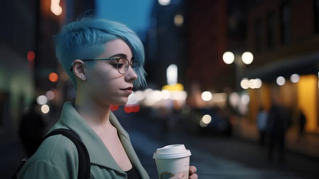 young beautiful blue haired femine woman at night city street holding cardboard cup of coffee. Neural network generated in May 2023. Not based on any actual person, scene or pattern.