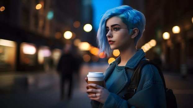young beautiful blue haired femine woman at night city street holding cardboard cup of coffee. Neural network generated in May 2023. Not based on any actual person, scene or pattern.