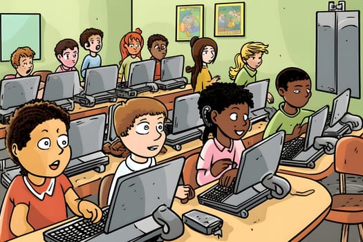 Technology in Classroom - Students in school using computers during erducation process. cartoon style. Neural network generated in May 2023. Not based on any actual person, scene or pattern.