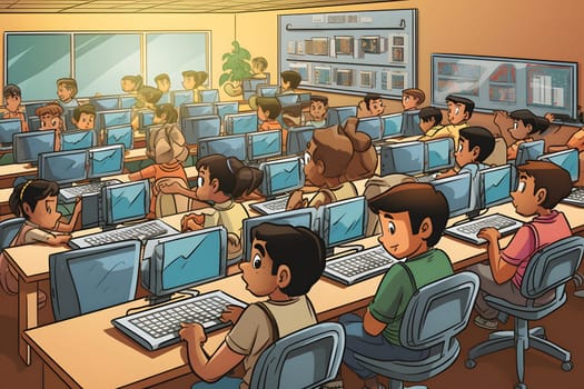 Technology in Classroom - Students in school using computers during erducation process. cartoon style. Neural network generated in May 2023. Not based on any actual person, scene or pattern.