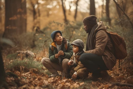 Diverse familiy in summer forest parkland at day light. Neural network generated in May 2023. Not based on any actual person, scene or pattern.