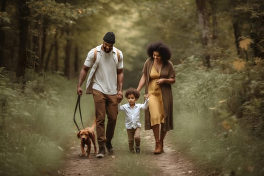 Diverse familiy in summer forest parkland at day light. Neural network generated in May 2023. Not based on any actual person, scene or pattern.