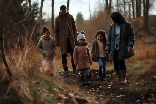 Diverse familiy in summer forest parkland at day light. Neural network generated in May 2023. Not based on any actual person, scene or pattern.