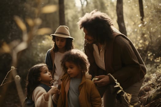 Diverse familiy in summer forest parkland at day light. Neural network generated in May 2023. Not based on any actual person, scene or pattern.