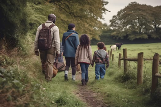 Diverse familiy at summer farmland at day light. Neural network generated in May 2023. Not based on any actual person, scene or pattern.