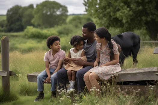 Diverse familiy at summer farmland at day light. Neural network generated in May 2023. Not based on any actual person, scene or pattern.