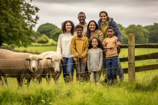 Diverse familiy at summer farmland at day light. Neural network generated in May 2023. Not based on any actual person, scene or pattern.