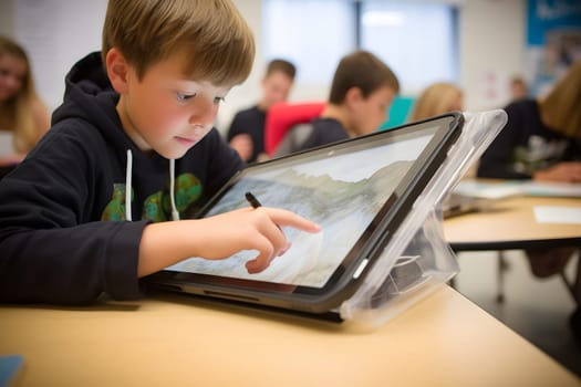 children students in school classroom using tablet computers during erducation process, photorealistic. Neural network generated in May 2023. Not based on any actual person, scene or pattern.