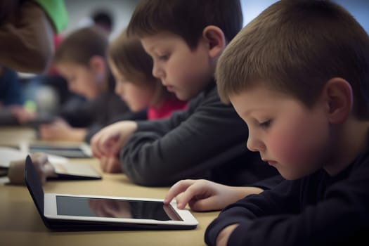 children students in school classroom using tablet computers during erducation process, photorealistic. Neural network generated in May 2023. Not based on any actual person, scene or pattern.