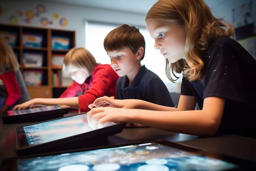 children students in school classroom using tablet computers during erducation process, photorealistic. Neural network generated in May 2023. Not based on any actual person, scene or pattern.