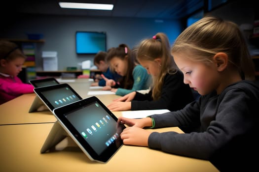 children students in school classroom using tablet computers during erducation process, photorealistic. Neural network generated in May 2023. Not based on any actual person, scene or pattern.