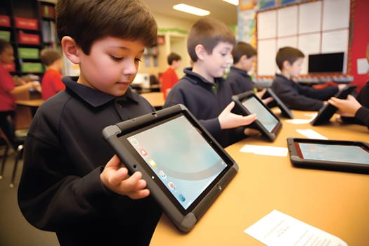 children students in school classroom using tablet computers during erducation process, photorealistic. Neural network generated in May 2023. Not based on any actual person, scene or pattern.