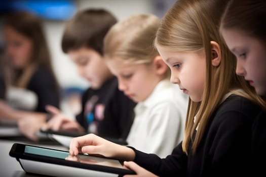 children students in school classroom using tablet computers during erducation process, photorealistic. Neural network generated in May 2023. Not based on any actual person, scene or pattern.